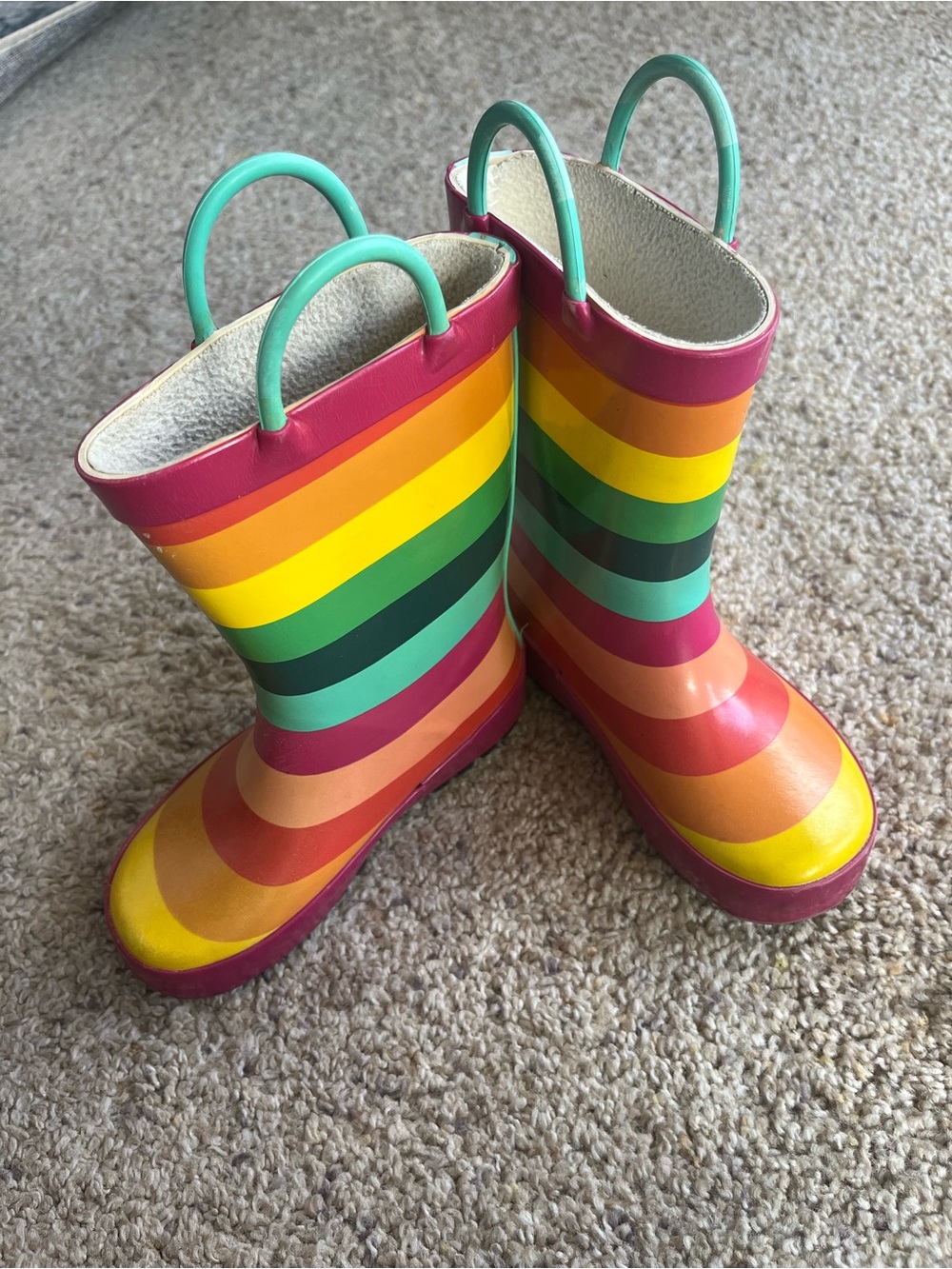 Rainbow Stripe Toddler Rain Boots with Teal Pull Handles